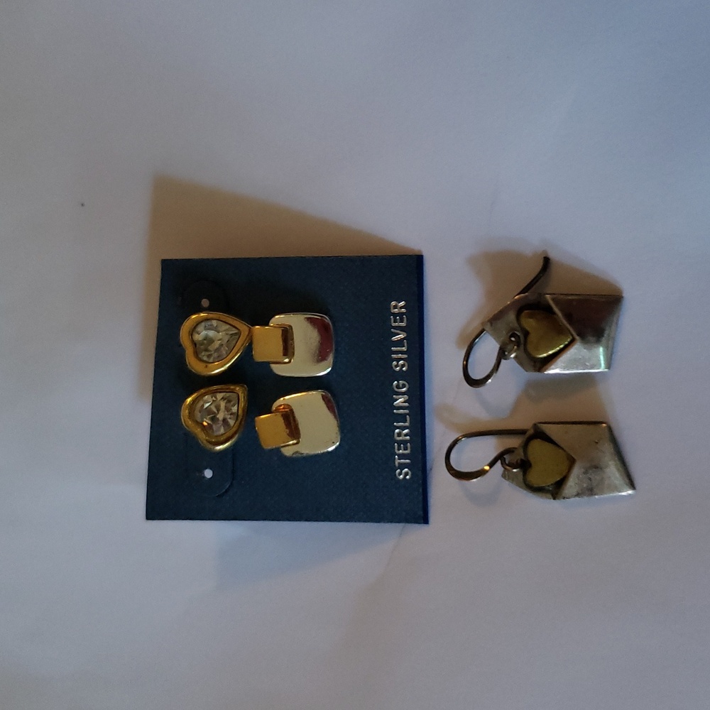 3 pairs of vintage sterling silver, gold tone & crystal Earrings Heart themed